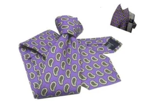 Cravate Laine Homme Lilas Violet Motifs Paisley Beige E Possible Ensemble Clutch - Picture 1 of 6