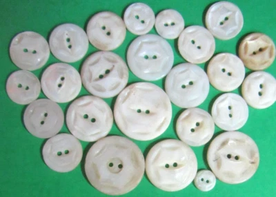 (25) ANTIQUE VINTAGE 7/16"-1&1/8" CARVED WHITE PEARL SHELL 2-HOLE BUTTONS-P2 - Image 1 of 2