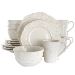 Elama El-Luna16 Luna 16 Piece Embossed Scalloped Stoneware Dinnerware Set In - Picture 1 of 1