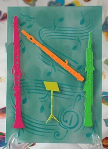 FLOURESCENT CLARINET FLUTE OBOE STAND MUSIC THEMED HANDMADE BLANK GREETING CARD - Picture 1 of 1