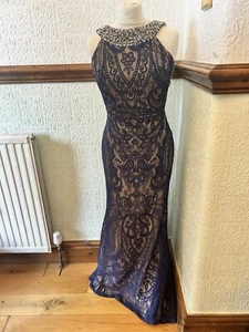 Pia Michi Haute Couture Navy Blue Lace Jewelled Detail Formal Dress Size UK 10 - Picture 1 of 16