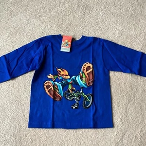 NWT FLAMEHEAD KIDS LONG SLEEVED PULLOVER SHIRT, M, KID RIDING BIKE, ON BLUE - Picture 1 of 3