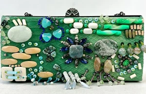 MARY FRANCES Green Ombre Snake Print Beaded Clutch Crossbody Bag Envelope - Picture 1 of 12