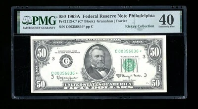 DBR 1963-A $50 FRN Philadelphia STAR Fr. 2113-C* PMG XF-40 Serial C00356836* - Image 1 of 2