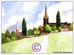 CHURCH HILL WEDNESBURY WEST MIDS AQUARELL KÜNSTLER DRUCK GRUSSKARTE 8"x 6" - Bild 1 von 1