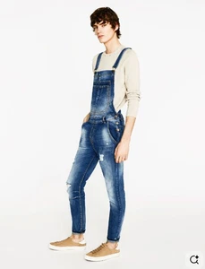 Zara Man Distressed Denim Latzhose Herren Medium 1575 verstellbar Slim Skinny blau - Bild 1 von 18