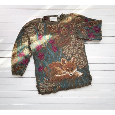 复古 Northern Isles 红色狐狸橄榄绿花卉手工针织粗毛衣 L — 第 1/4 张图片