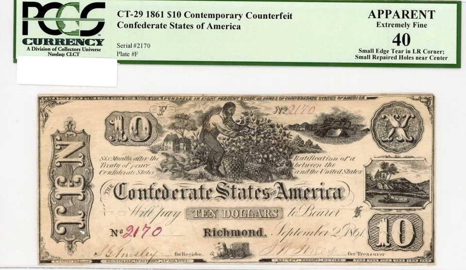 1861   $10   Confederate  Currency  CT-29 . Counterfeit.   PMG 40. - Image 1 of 3