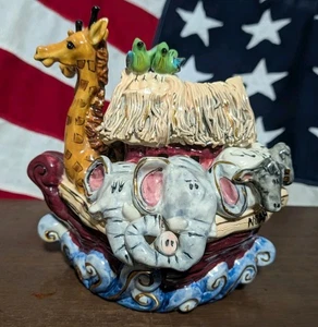 HEATHER GOLDMINE NOAHS ARK PIGGYBANK 6.5" X 8" BLUE SKY CERAMIC Hand Painted - Picture 1 of 5