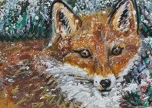 ORIGINAL ACEO Painting Red FOX Winter Snow Pine Tree Landscape Animal Nature ART - Picture 1 of 1