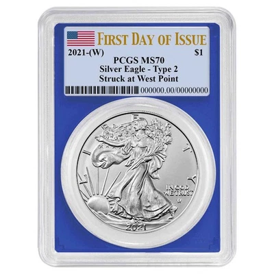 2021 (W) $1 Type 2 American Silver Eagle PCGS MS70 FDOI Flag Label Blue Frame - Image 1 of 3