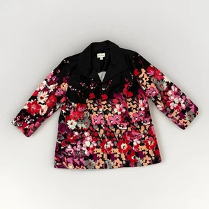 Studio Works Brand Sz L Black w/ Red an Pink Flowers Button Up Jacket 3/4 Sleeve - Picture 1 of 13