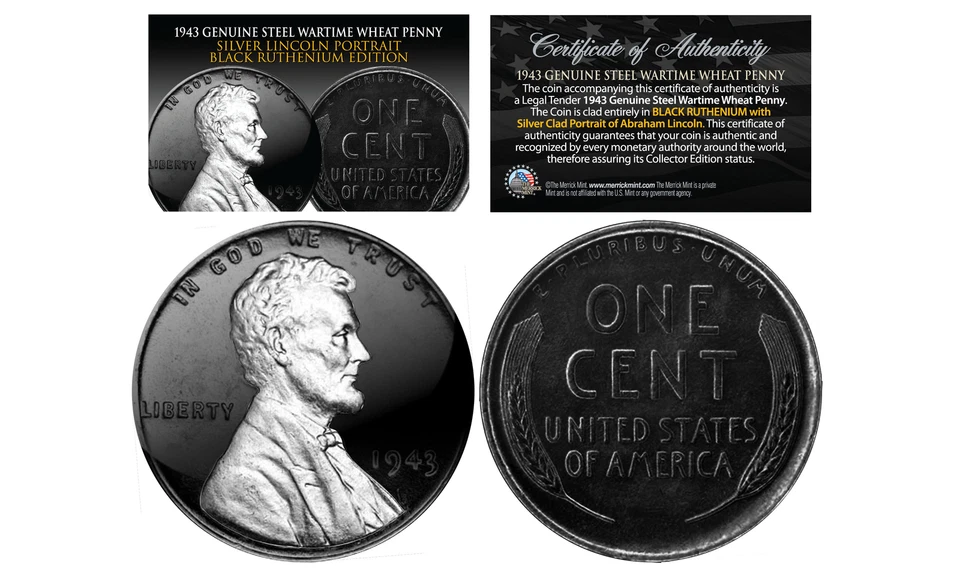 1943 BLACK RUTHENIUM Genuine Steel Wartime Wheat Penny Coin with SILVER LINCOLN - Image 1 of 1