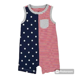 Pagliaccetto unisex bambino 9M nuovo con etichette vestito giorno dell'indipendenza stelle patriottiche righe USA - Foto 1 di 3
