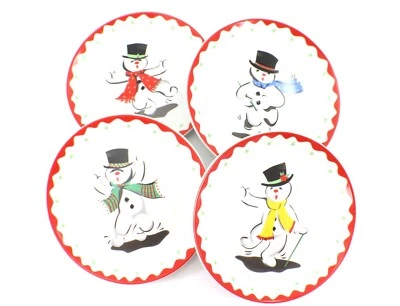 Boston Warehouse CANTANDO en la nieve juego de 4 platos de postre muñecos de nieve 6 1/2” Foto 1 de 4