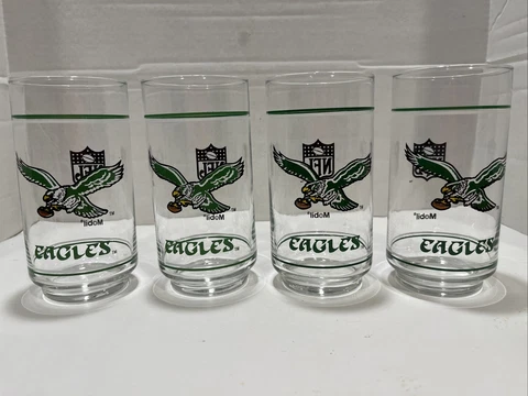 Set Of 4 Vintage Philadelphia Eagles NFL  Collector's Glasses Kelly Green Mobil Cover