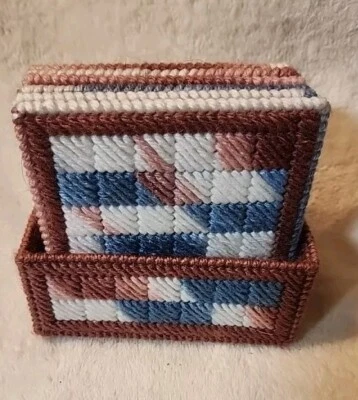 Vintage Handmade Cross Stitch Coaster Set with Holder 6 Coasters - Image 1 of 4