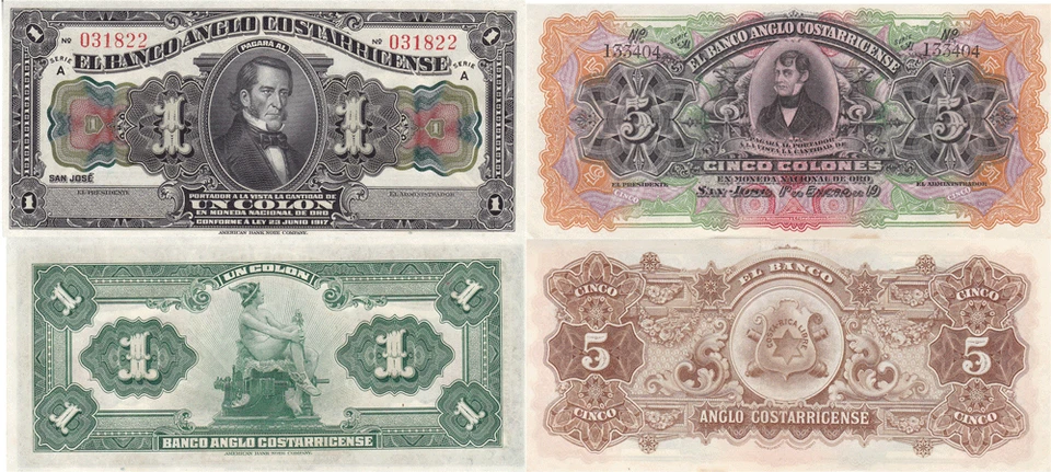Costa Rica 1917 1 y 5 Colones Pick# S121r y S122r 2 billetes lotes sin circular  Foto 1 de 1