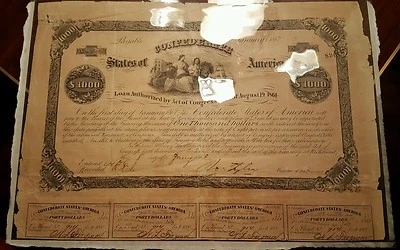 $1000 Confederate Bond issued in 1862 in EXCELLENT condition - Image 1 of 4