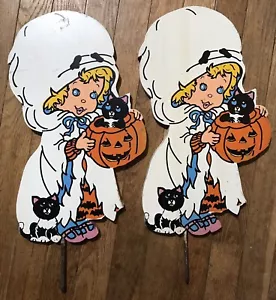 INSEGNA VINTAGE KITSCH HALLOWEEN LEGNO DIPINTO GIARDINO ZUCCA GATTO NERO FANTASMA MOOREHEAD? - Foto 1 di 7