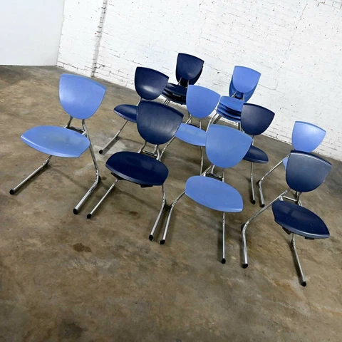 15 Krueger International Modern Blue Plastic & Chrome Stacking Dining Chairs Cover