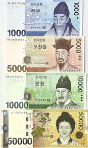 South Korea Set 4 UNC 1000 5000 10000 50000 Won ND 2006-2009 P 54 P 55 P 56 P 57 - Picture 1 of 4