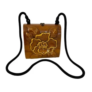 Timmy Woods Flower Carved Wood Crossbody Mini Bag Brown Gold - Picture 1 of 14