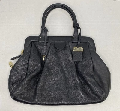 Stuart Weitzman Black Pebble Leather Frame Satchel Dr Bag Purse Gold HW Lock Key - Image 1 of 4