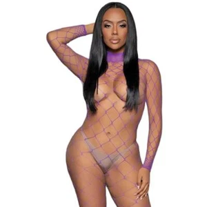 Wide Fishnet Bodystocking Footless Long Sleeves Open Back Mock Neck Purple 2357 - Picture 1 of 5