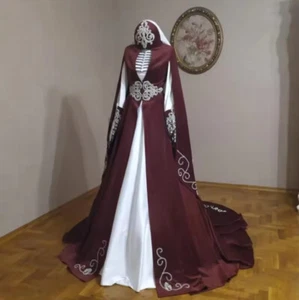 Burgundy Velvet Wedding Dresses with Cape Long Sleeve Embroidery Bridal Gowns - Picture 1 of 12