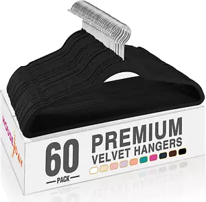 Black Heavy Duty Velvet Hangers 60 Pack 360° Rotating Silver Hook - Picture 1 of 9