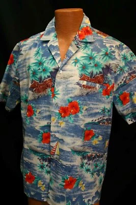 L Mens Vtg 80s Hawaiian SHIRT Surf Royal Creations  BLUE Floral Camp Tiki Luau - Image 1 of 4