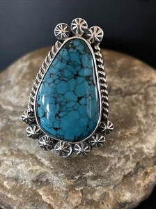 Anillo Turquesa Telaraña Azul Plata Esterlina Navajo Nativo Talla 10 01063 - Imagen 1 de 12