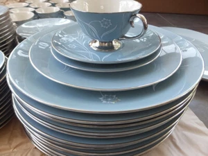 Vintage Flintridge NiceChina Dinner set Silver Trim- Reverie Strata Blue  73 pcs - Picture 1 of 16