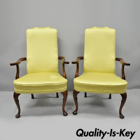 Pair of Southwood Queen Anne Style Mahogany Library Armchairs Living Room Chairs Cover