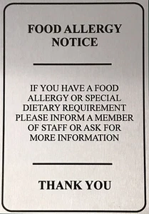 Letrero metálico para alergias alimentarias aviso de seguridad placa PLATA tienda café pub impreso A4A5 - Imagen 1 de 7