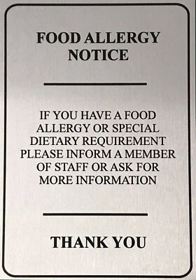 BIKEDEALS2U Metal Sign Food Allergy Safety Notice SILVER Plaque Shop Cafe Pub Printed A4A5
