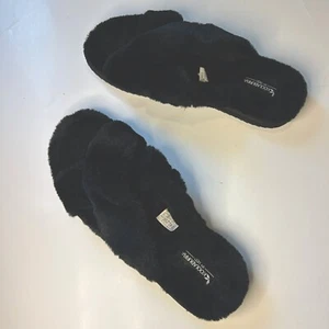 UGG Koolaburra Ballia Black Faux Fur Criss Cross Top Slide Slippers Woman Size11 - Picture 1 of 8