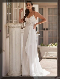 Schlichtes Chiffon Strand Brautkleid Ivory Schnürt Träger Spitze Illusion NEU - Bild 1 von 7