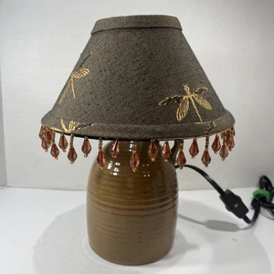 VTG Dragon Fly Bead Fringe Lampshade Brown Jug Small Lamp W/ Switch On Cord 10” - Picture 1 of 12