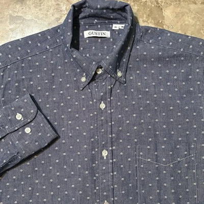 Gustin Mens Medium Slim Fit Chambray Polka Dot Long Sleeve Button Made In USA - Image 1 of 4