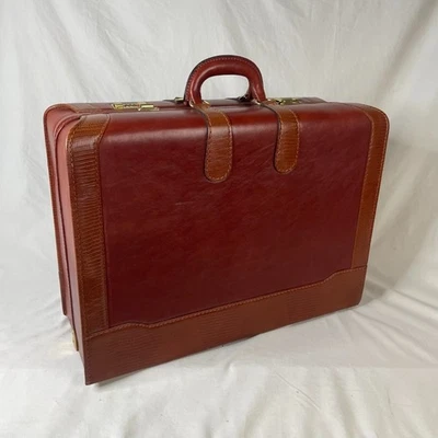 Vintage Brown Leather Hard Shell Suitcase 25” Two-Tone Trim Brass Locks Mid-Cent - Image 1 of 4