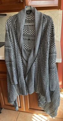 Bebe Sz L Waterfall Black/White w/Silver Sparkle Open Front Cowl Neck Sweater - Image 1 of 4