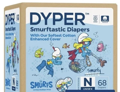 DYPER Smurfs Cotton Diapers Newborn Size N Unisex 68 Ct Hypoallergenic Soft - Image 1 of 2