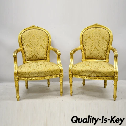 Vintage French Louis XVI Gold Leaf Balloon Back Fauteuil Arm Chairs - a Pair Cover