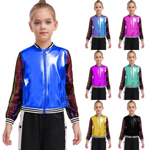 Kids Girls Bomber Jacket Shiny Metallic Street Disco Baseball Hip Hop Jazz Dance - Picture 1 of 48