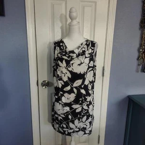 Banner New Work L Black White Floral Sleeveless Drape Neck Business Casual Top - Picture 1 of 8