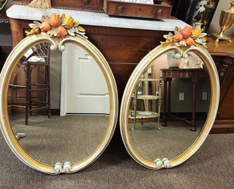 Pair Vintage Carved Wood Floral Tulip Mirrors 39"x27" French Country Painted Cover