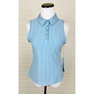 NWT Kyodan Eyelet Lace Sleeveless Collared Polo Shirt Blue Womens Size Small - Picture 1 of 6