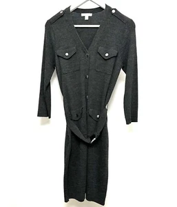 New York & Company Sweater Dress Gray Grey V Neck Snap Front Pockets Belted XS - Picture 1 of 6